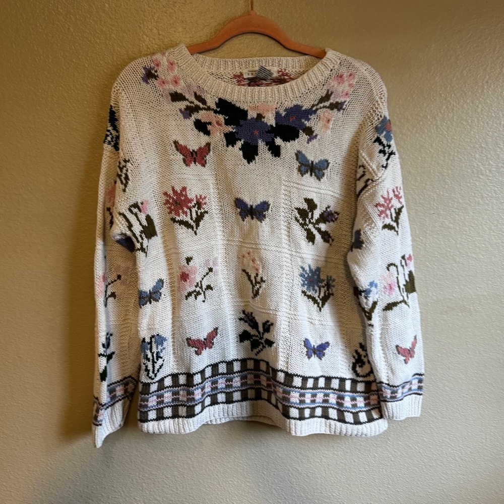 VINTAGE Chunky Floral Patterned Sweater - Cream - Picture 2 of 10